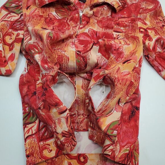 Chicos Additions Floral Red Orange Yellow Beige Zippered Jacket Womens Sz 1 - Picture 5 of 16